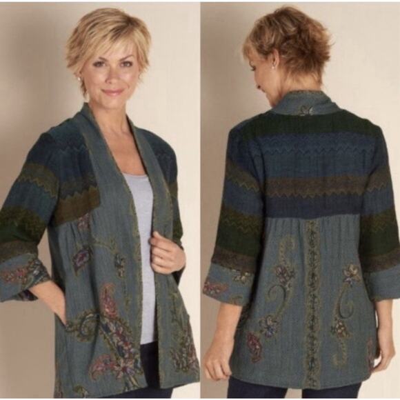 Soft Surroundings Izmur Wool Patchwork Tapestry Jacket L Embroidered Boho Art - Picture 1 of 8